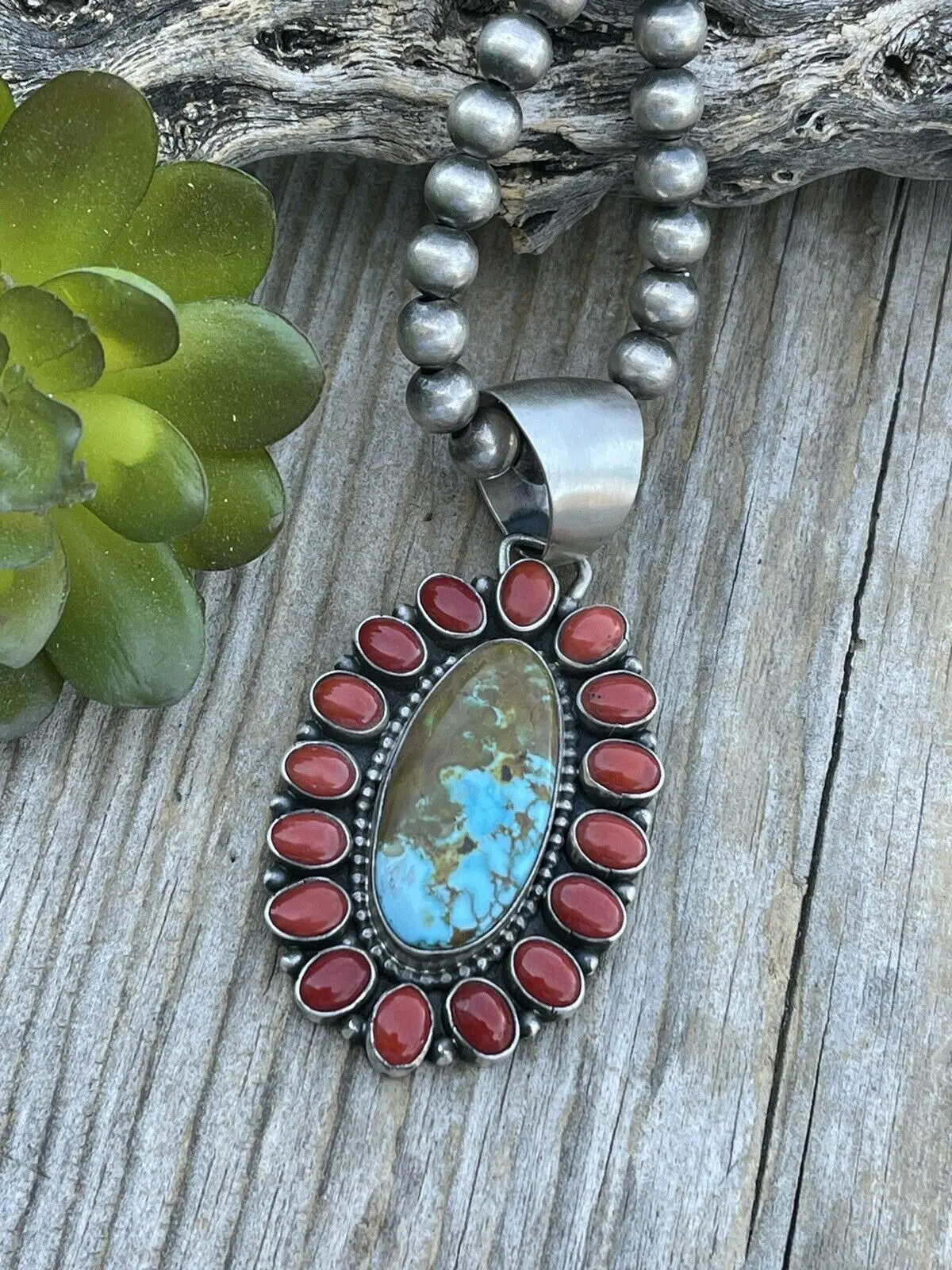 Handcrafted Sterling Silver Kingman Web Turquoise & Red Coral Taos Cluster Pendant