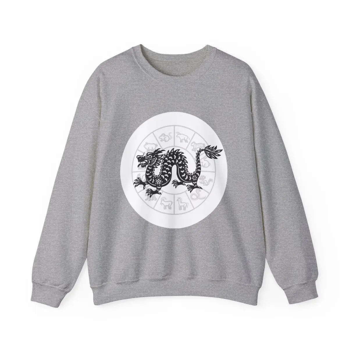 Printify Chinese Zodiac Dragon Print Crewneck Sweatshirt, Unisex Casual Round Neck Long Sleeve Top, Comfortable Polyester-Cotton Mix, Comfortable Wear