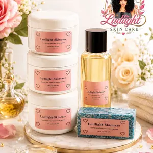 Ludlight Skincare Complete Kit for Adults - 12 oz Hydrating Cleanser Oil, 4 oz Anti-Aging Face Cream, 2 x 8 oz Skin Repair Body Creams, 1 Soap
