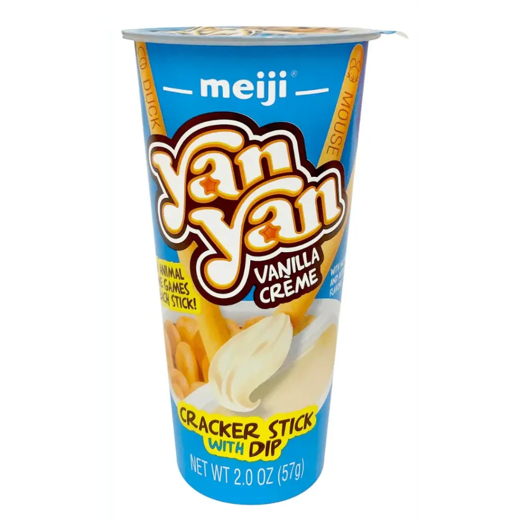 Meiji Yan Yan Creamy Crunchy Crispy Cracker Stick Snack with Whole Milk Powder Vanilla Dip - 57g, Party Snacks