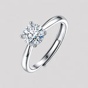 Moissanite Solitaire Ring S925 Sterling Silver Adjustable Ring Size 4-Prong Setting D Color VVS1 Round Cut Engagement Ring