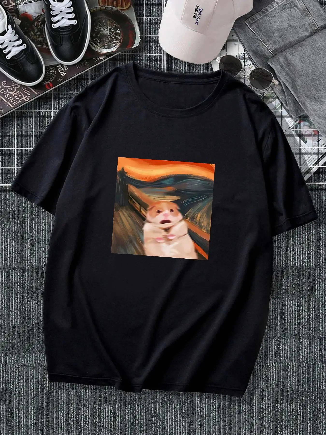 Summer Clothes Men's Cartoon Animal Print Round Neck Tee, Regular Fit Casual Short Sleeve Crew Neck T-Shirt for Summer, Fashion Men's Top for Daily We