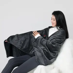 Solid color zipper USB charging heating blanket, portable electric shawl blanket with 9 heating modules, men's and women's outdoor sports warmth tools