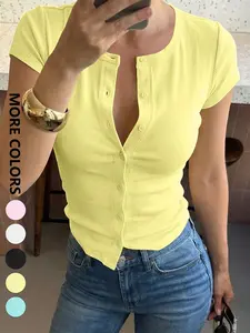 Women's Fashion T-Shirt Knit Top Solid Summer Short Sleeve Button Cardigan Crop Top Casual Basic O-Neck Versatile Sexy Slim Black T-Shirt Women Top