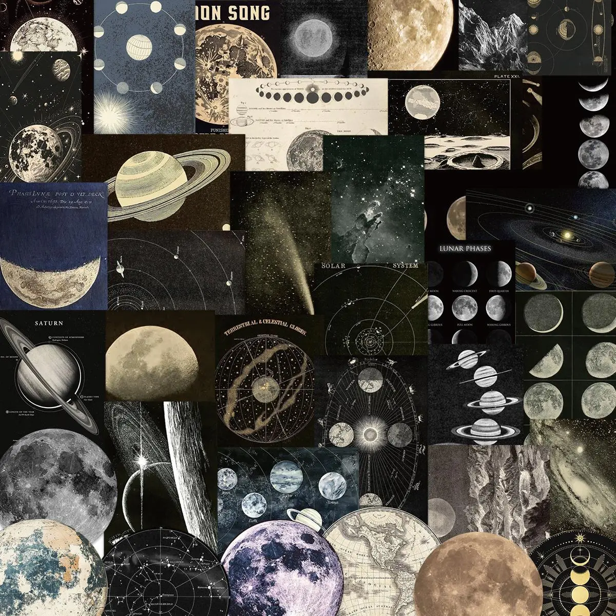 Vintage Astronomy Pattern Sticker (50pcs), Self Adhesive Decorative Stickers, DIY Decals for Water Bottle, Laptop, Phone Case, Phone Decoration, Scrapbooking, Journal Making, Screen Protector, Decal Set