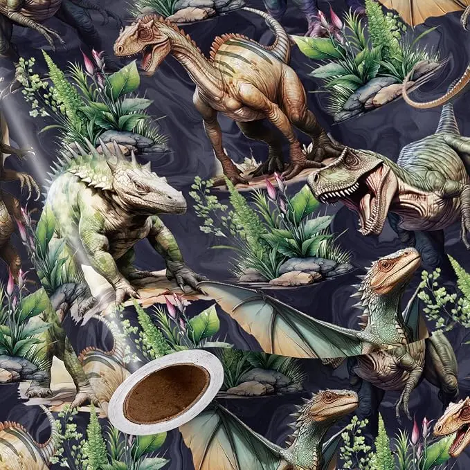 RUSPEPA Dinosaur Wrapping Paper Roll - 17in x 16.4ft Mini Roll, Watercolor T Rex & Dinosaur Truck Design, Toddler Boys Birthday Party Supplies, Mixer/Digger Themed Gift Wrap for Birthday Party & Holiday Presents