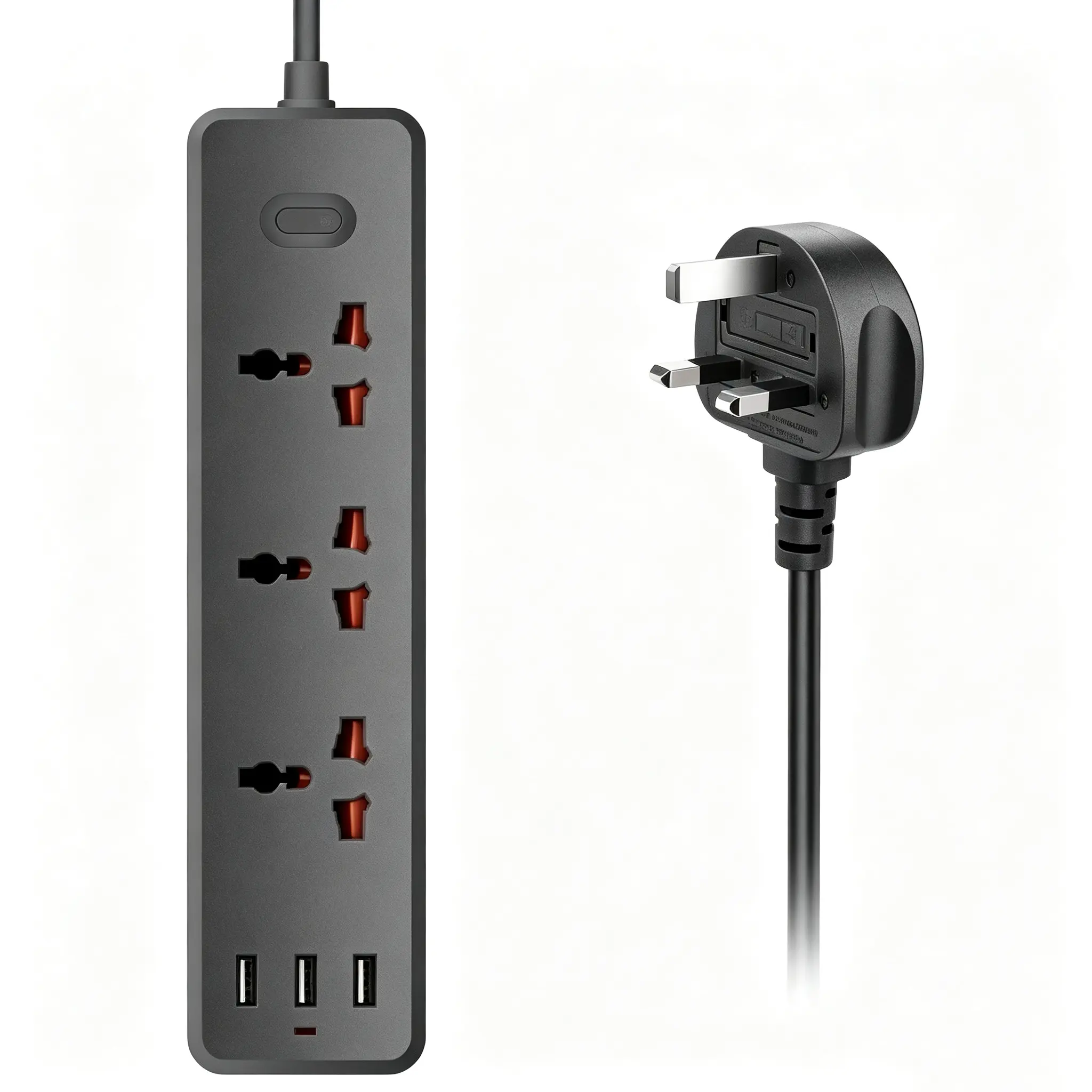 1.2M power strip with 3 AC outlets and 3 USB ports (5V 2.1A), 110-250V 10A 2000W flame-retardant ABS extension cord—a versatile charging station suitable for dorms, homes, offices, and travel