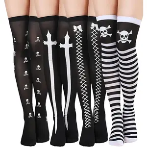 4 Pairs Halloween Thigh High Long Stockings Over Knee Stockings Cosplay skull Socks.