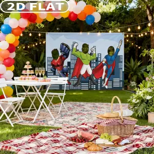 1 count Superhero Theme 2D FLAT Festive Banner, Backdrop Background Large Hero Face Banner, Pretend Play Party Game Superhero Theme Decor for Boy Birthday Party Baby Shower Favors Supplies Decorations, 3 Face Holes, Decorative Banner