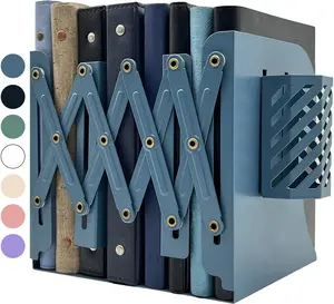 Adjustable Bookends for Shelves, Metal Bookends for Heavy Books, Book Stopper Organzier with Pen Holder for Desk, Kids Room, Office, Classroom, Library, Study Room.(Blue)