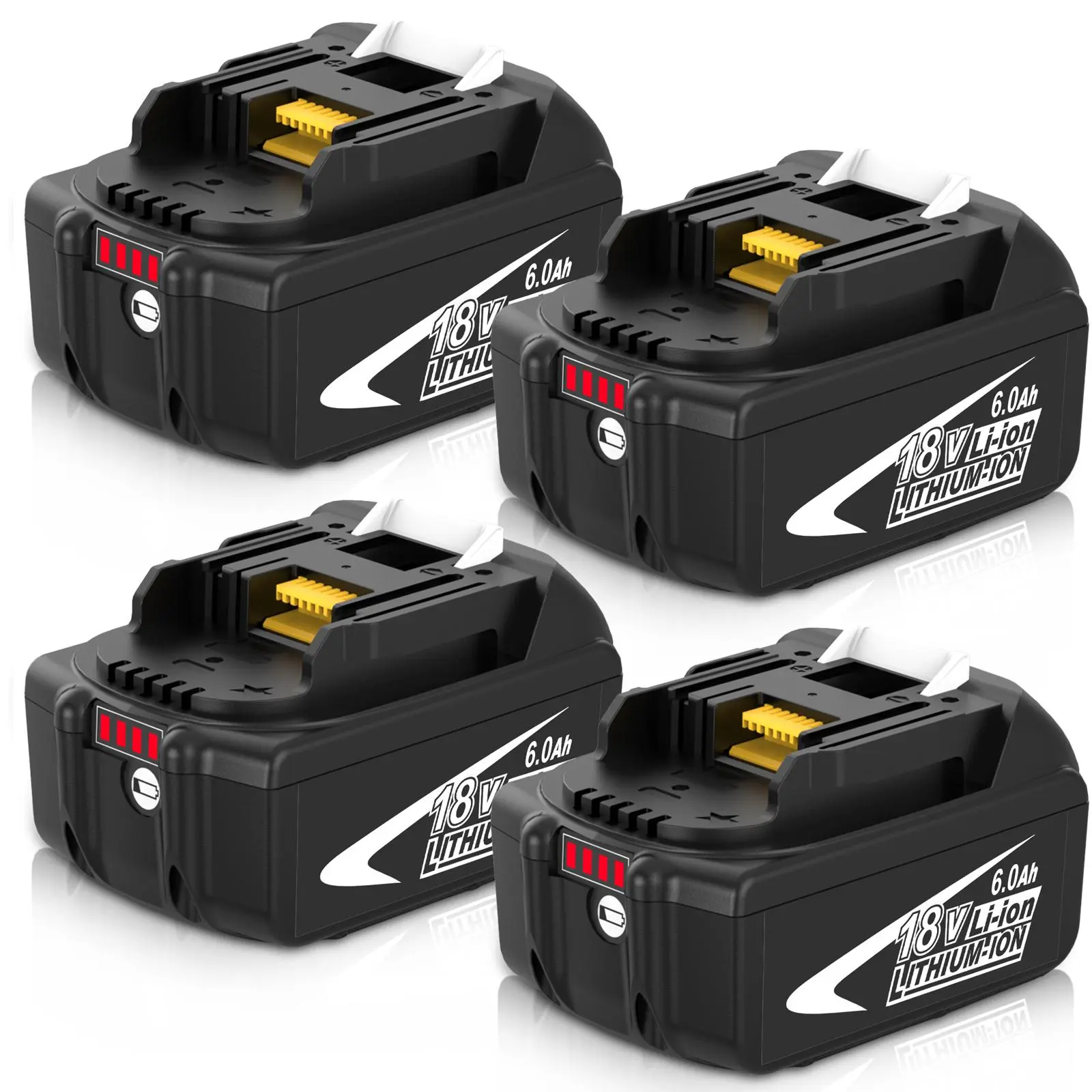 Makita 18V Lithium Ion Replacement Batteries (4-Pack, 6000mAh BL1860B) with LED Indicator, Compatible with BL1815/BL1820/BL1830 Series, LXT-400 Compact Power Tool Packs & Fast Charger-Supported Units