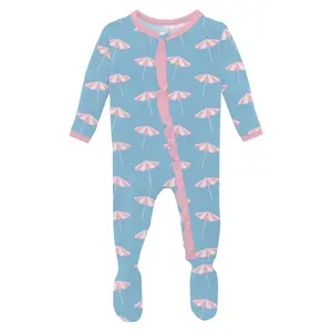 Print Layette Ruffle Footie with 2 Way Zipper in Seaside Blue Beach Umbrellas