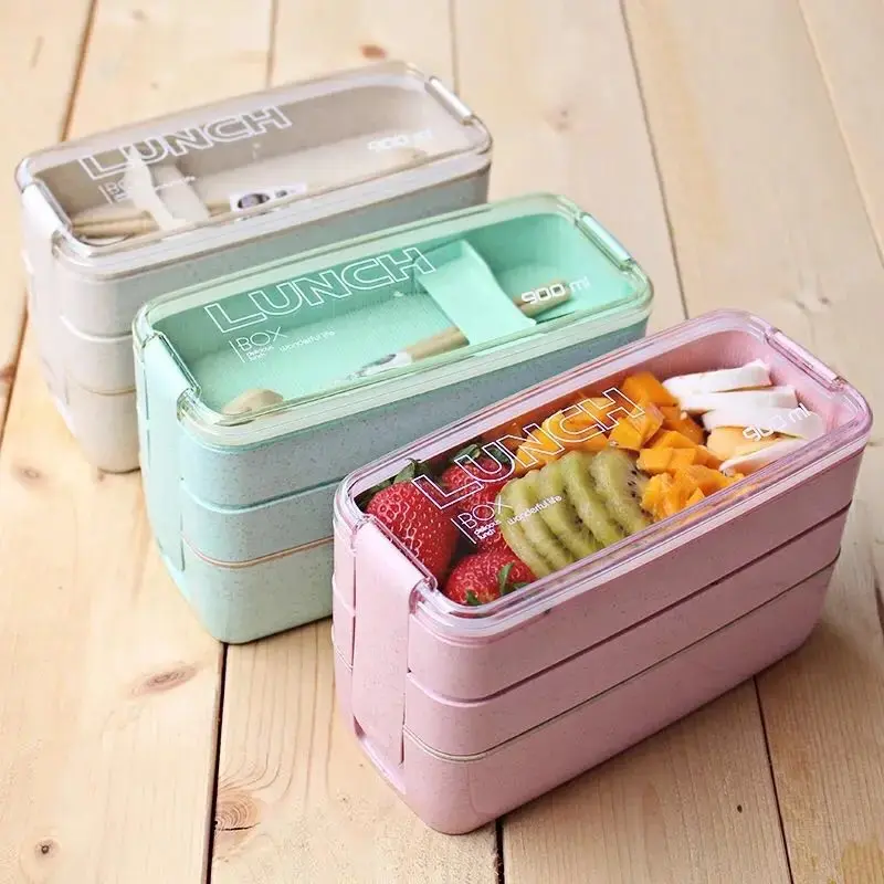 IVault Adults Lunch BoxKit, 3-in-1 Stackable Compartments, Spoon & Fork Included, Leakproof, Eco-Friendly Containers Made With Wheat Fiber, Microwave Safe Meal Prep Containers