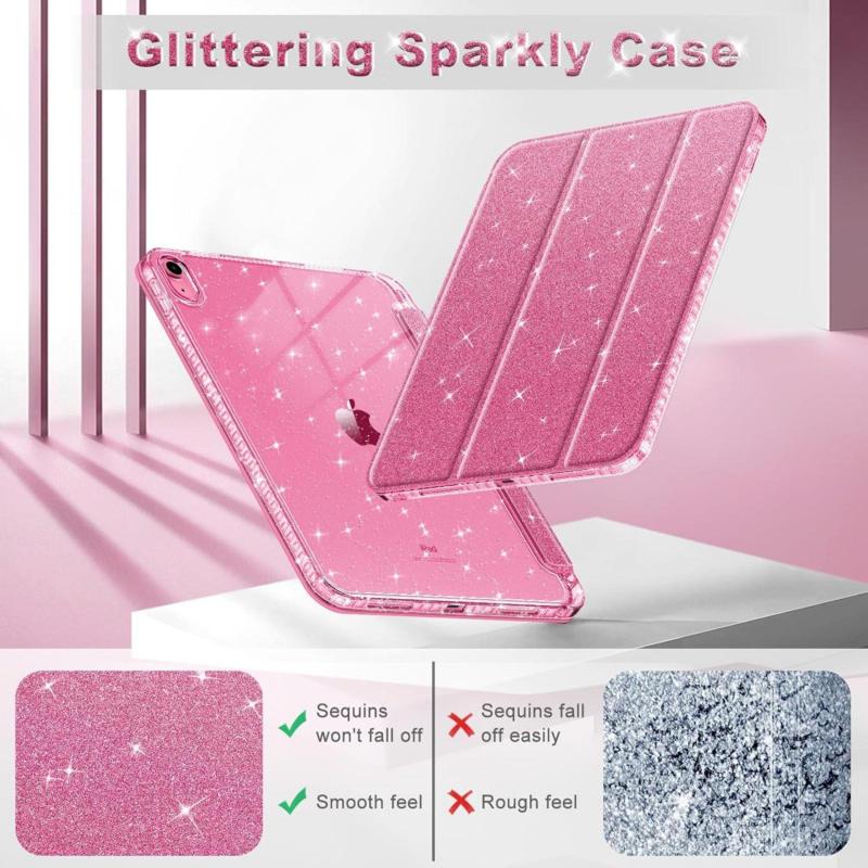 iPad Case for 10.9 Inch 10th 11th Gen Tablet Crystal Clear Protection Casing with Shiny Sparkle Glitter Smooth Finish Pencil Holder Auto Wake Sleep Cover