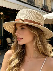 Women's Metal Buckle Leather Strap Bucket Hat, Summer UV Protection Sun Hat, Beach Vacation Straw Hat, Adjustable Sun Hat, Casual Loose-Fitting Style
