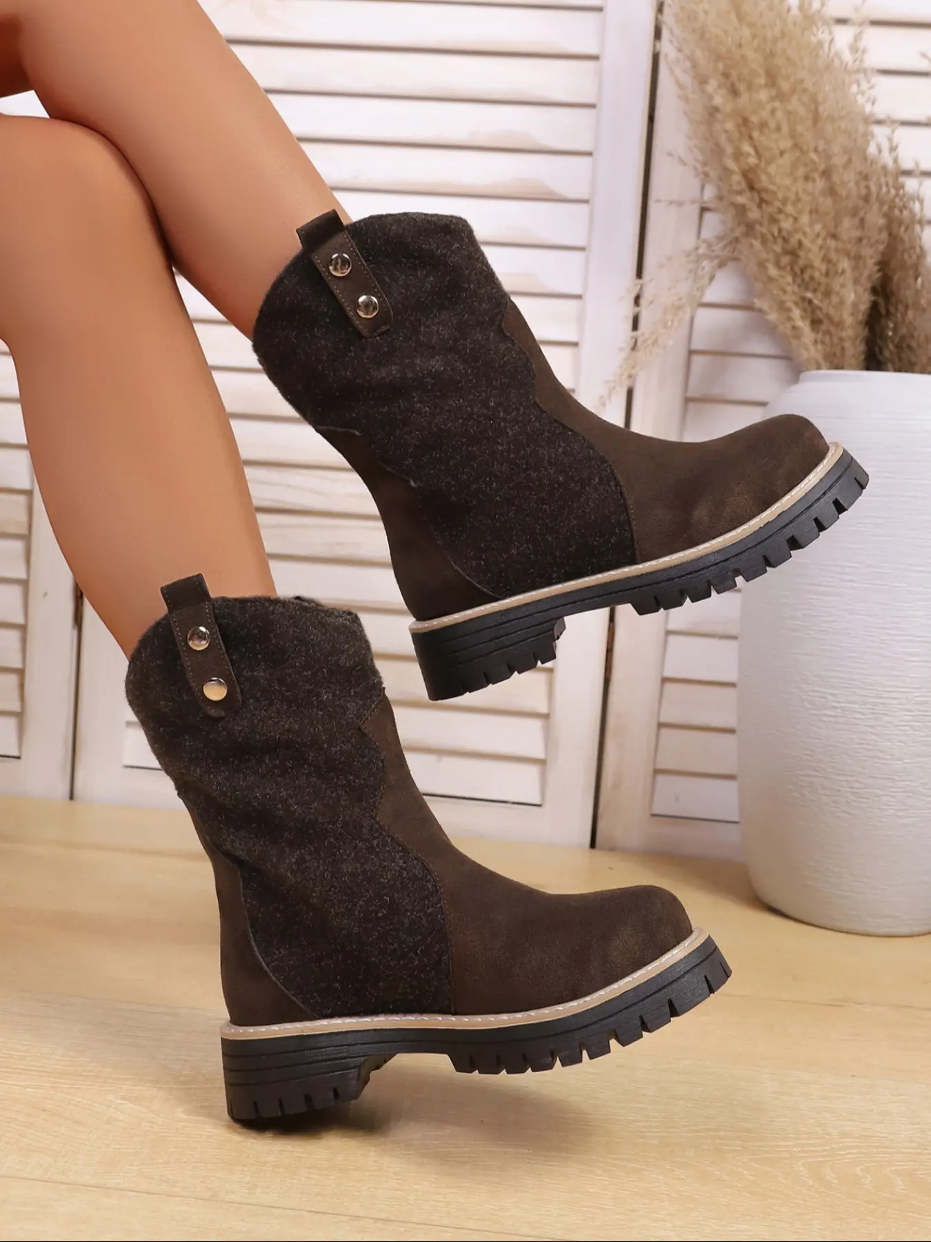 Women's Chelsea Boots, Thick Sole Ankle Booties, Colorblock Denim Design, V-Shape Slip-On Mid-Calf Boots, Winter Warm Boots, Casual Warm Boots, Boots Shoes