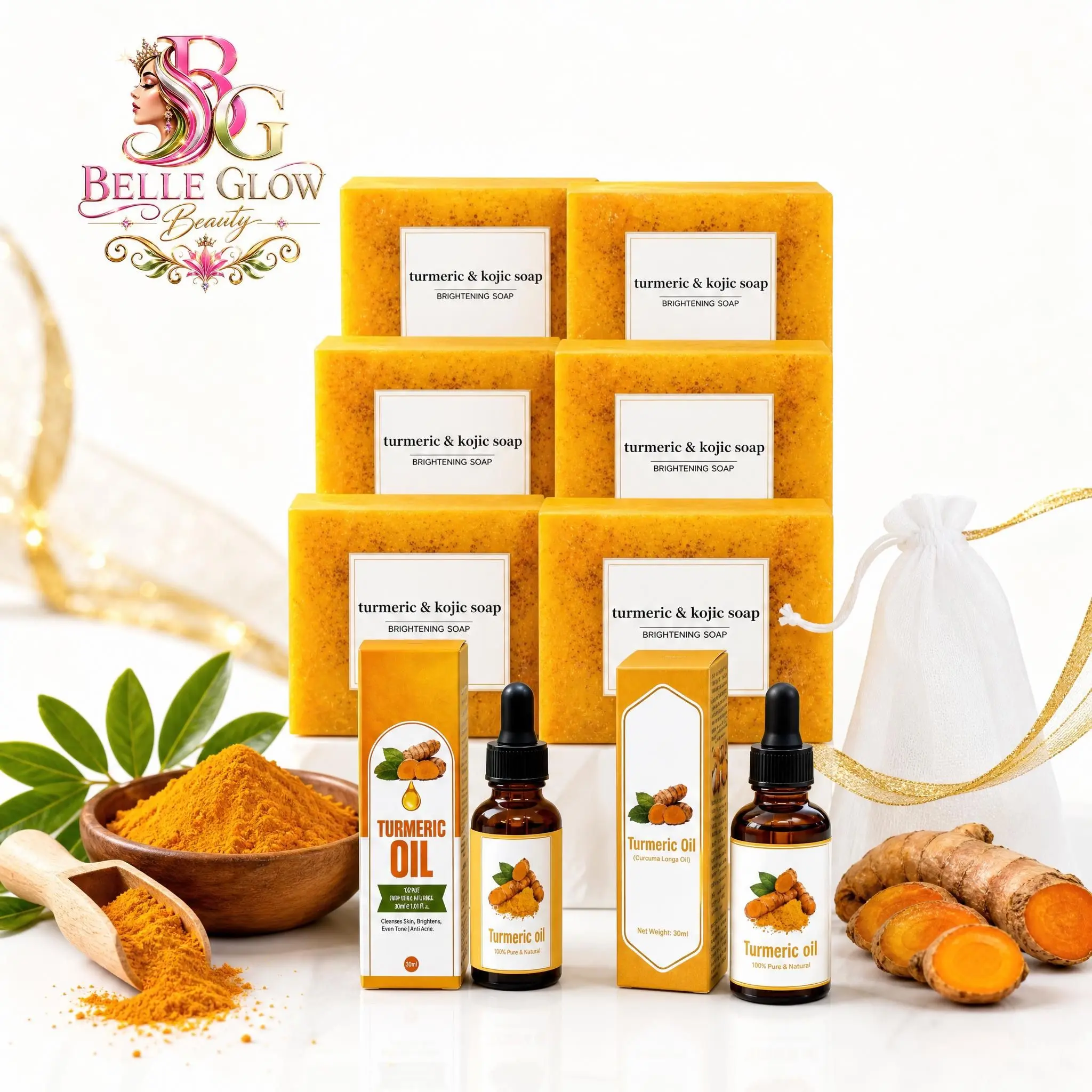 Belle Glow Beauty Turmeric Skincare Kit - 8-Piece Full Set: 6 x 3.53 Oz Face & Body Soaps, 2 x 1 Oz Face Oils for Radiant Skin