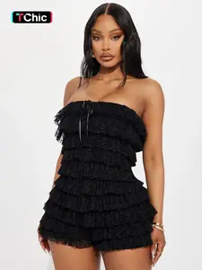 Women's Solid Color Lace Tiered Layer Bodycon Romper, Womenswear, Sexy Sleeveless Strapless Backless Tie-front Cake Jumpsuit, Party Club Date Night Holiday Beach Vacation Slim Fit Playsuit One-piece For Ladies Summer Clothes