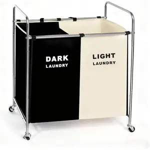 Double Compartment Rolling Laundry Sorter Cart with Wheels, Dark and Light Separation Hamper, Chrome Frame, Mobile Clothes Storage Organizer(Black+white, 2 Sections)