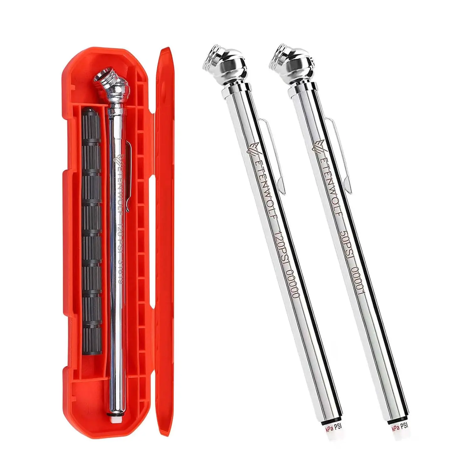 ETENWOLF Tire Pressure Gauge 2-Pack, 10-50 PSI & 20-120 PSI, with 16 Stainless Steel Tire Valve Caps for Cars, Trucks