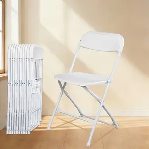 White, 350-pound folding chair with reinforced plastic design and steel frame. Ideal for indoor and outdoor use, these commercial-grade stackable chairs are perfect for weddings, offices, banquets, and restaurants.