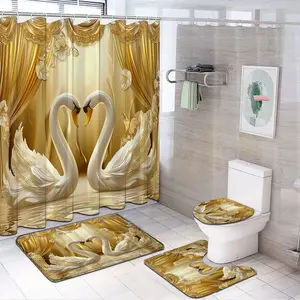 Swan Pattern Shower Curtain Set, Includes Hooks, Bath Mat, Toilet Lid Cover, U-Shaped Pad, Bathroom Shower Equipment, Bathroom Decor, Bathroom Accessory, Ideal Gift for Family & Friends