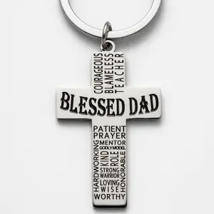 Fathers Day Keychain - Stainless Steel Cross with Inspirational Words - for Car Keys, House Keys & Backpack Decor - Religious Gift for Blessed Dad & Grandpa - Single Pack Silver