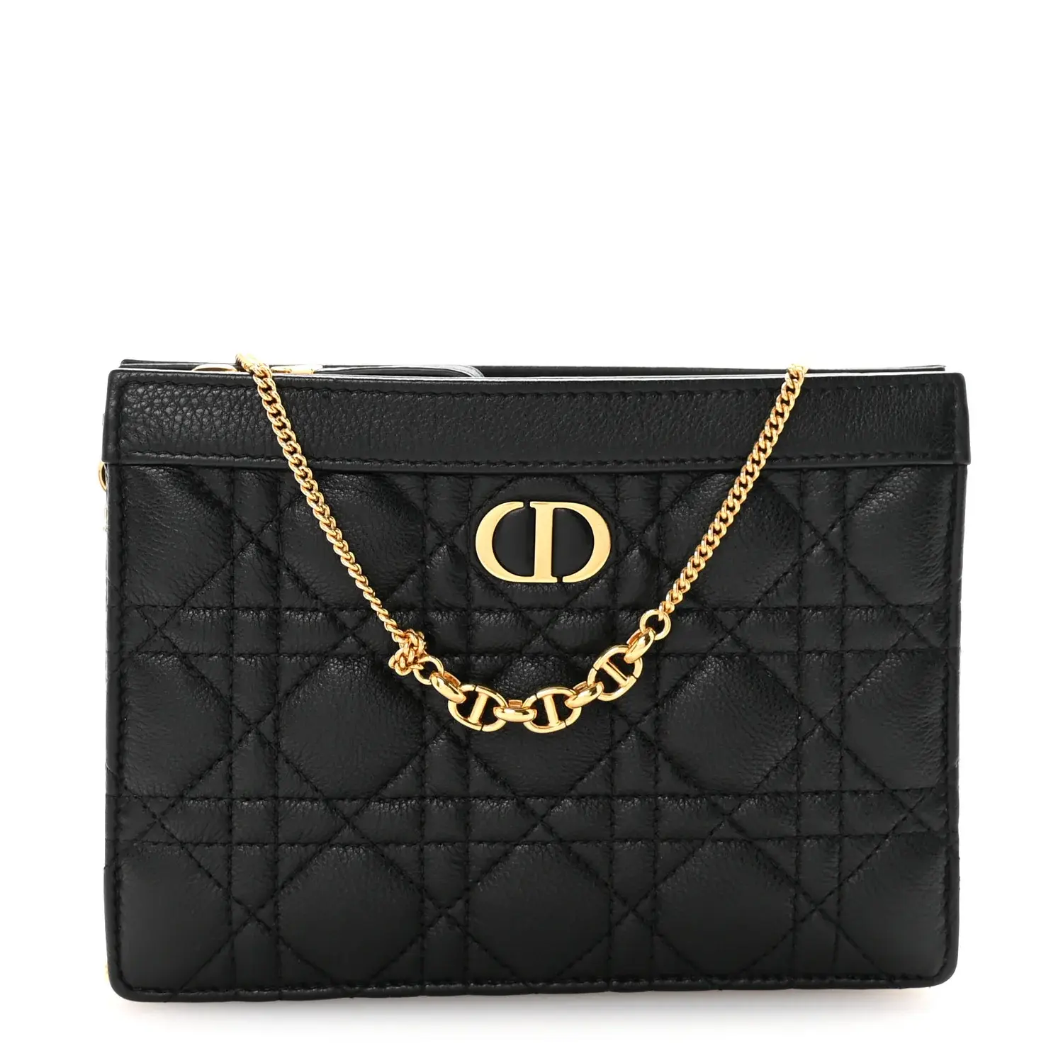 Pre-owned Dior Leather Shoulder Bags Calfskin Cannage Caro Zipped Pouch With Chain Black