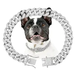 Silver Cuban Link Dog Chain Collar Crystal Pet Necklace