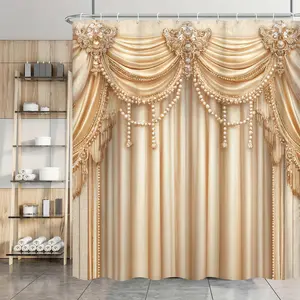 Women Girls Shower Curtain, Luxury Modern Simple Gold Art Printed Fabric Bathroom Decor Shower Curtain, Vintage Elegant Gold White Shower Curtains for Bathroom, with Hooks 72x72 Inch