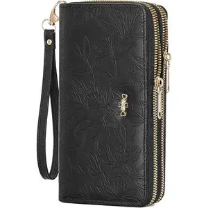 Wallet for Women Clutch Double Zip Around Credit Card Holder Leather Women's Wallet Large Capacity A-Black 7.87 x 4.13 x 1.57