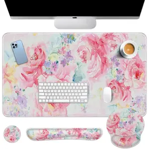 Flower Painting Desk Mat, Watercolor Abstract 4-in-1 Mouse Pad Set with Large Mousepad For Keyboard and Mouse, Keyboard Wrist Rest, Mouse Wrist Rest and Coaster, Ergonomic Design, Non-Slip Mat