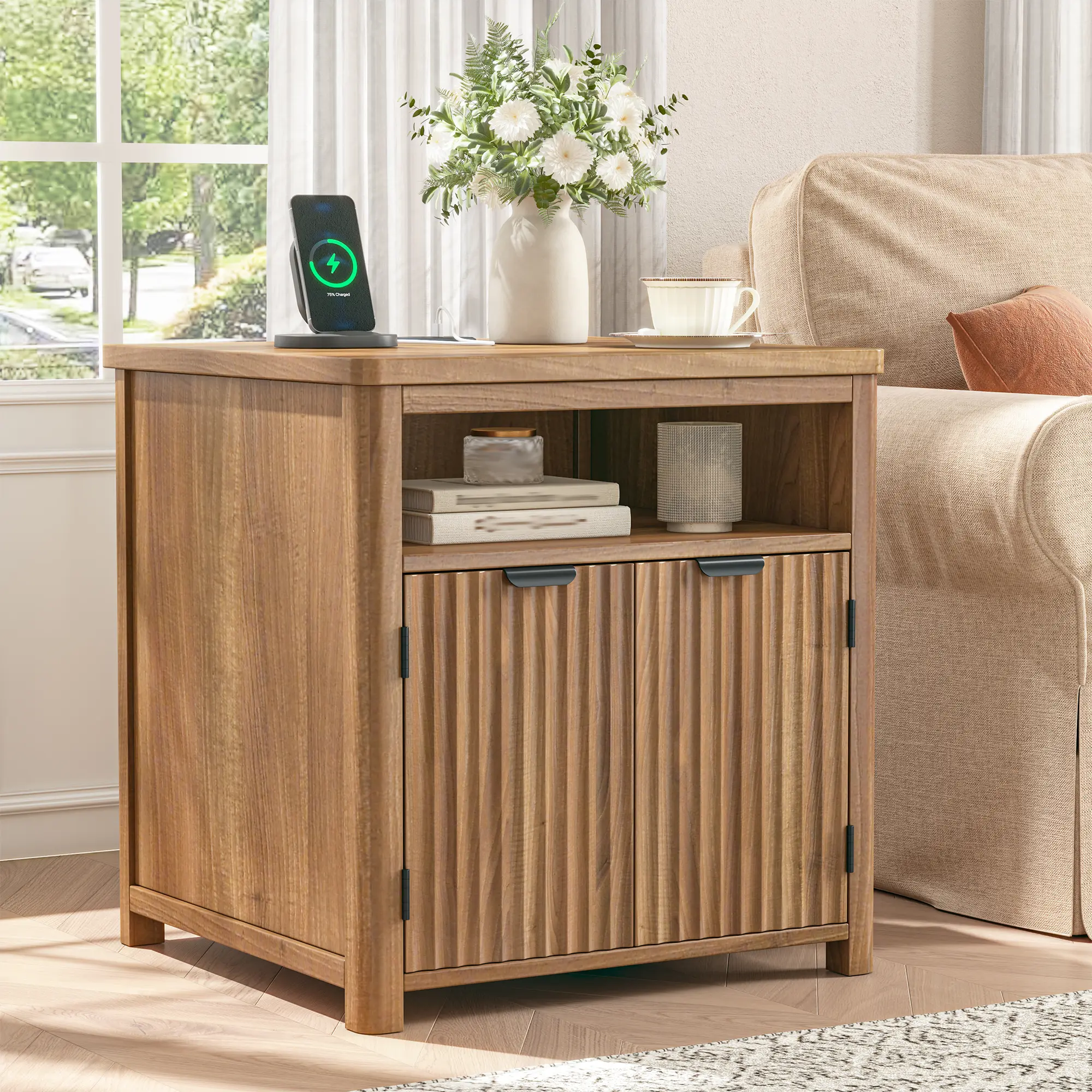 Raybee Fluted Wood End Table with 23.6" x 23.6" Spacious Tabletop & Charging Stations for Living Room, Bedroom, Extra Large End Table with Storage Cabinet, Luxury Bed Side Tables, Mid Century Modern Farmhouse End Tables for Office, Gustroom, Natural Oak