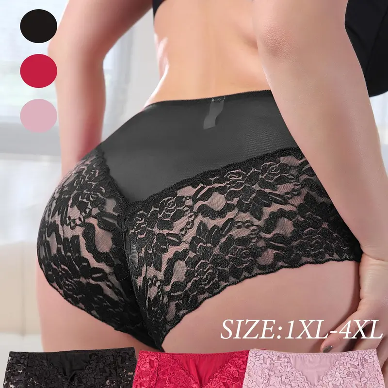 【Plus Size】 Solid Color Contrast Lace Panty, Breathable Comfortable High Waist Knicker for Daily Wear, Women's Underwear for All Seasons, Fashion Breathable Underwear, Lace Trim Briefs, High Waisted Panty, Lace Trim Panties