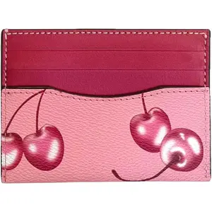 Slim Card Case for Women Leather Credit Card Holder With Cherry Print (Red)