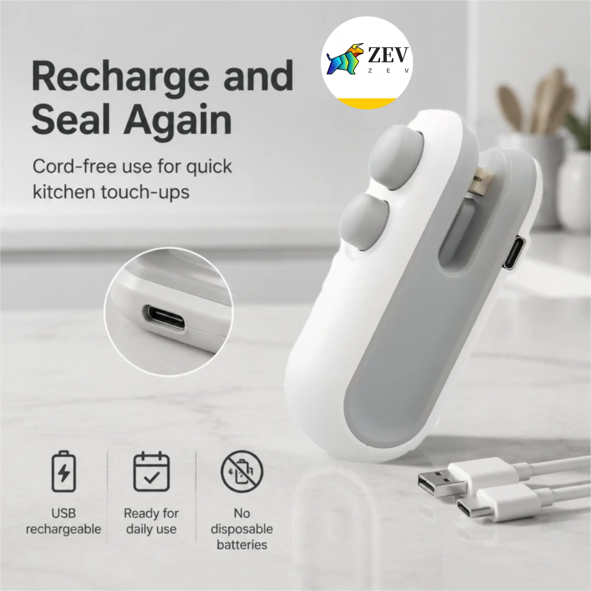 Rechargeable 2-in-1 Mini Bag Sealer with Cutter, White Plastic, Keep Food Fresh, Ideal for Sealing Snacks, Compact and Portable, Magnetic Fridge Storage