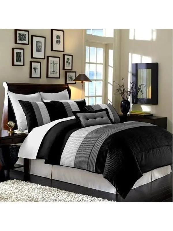 CHEZMOI COLLECTION 8-Piece Luxury Striped Comfy Bedding Set - Modern Pleated Polyester Comforter, Bundle Bedding Collections with Multi-Size Options (Queen Comforter Set, Oversized King) for Year-Round Bedroom Decor