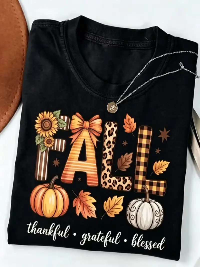 Women's Comfortable Short-Sleeve Round Neck Tee Tops - Everyday Fabric, Autumn-Themed Pumpkin Leaf Sunflower Print, Loose Unisex Style for Halloween, Thanksgiving