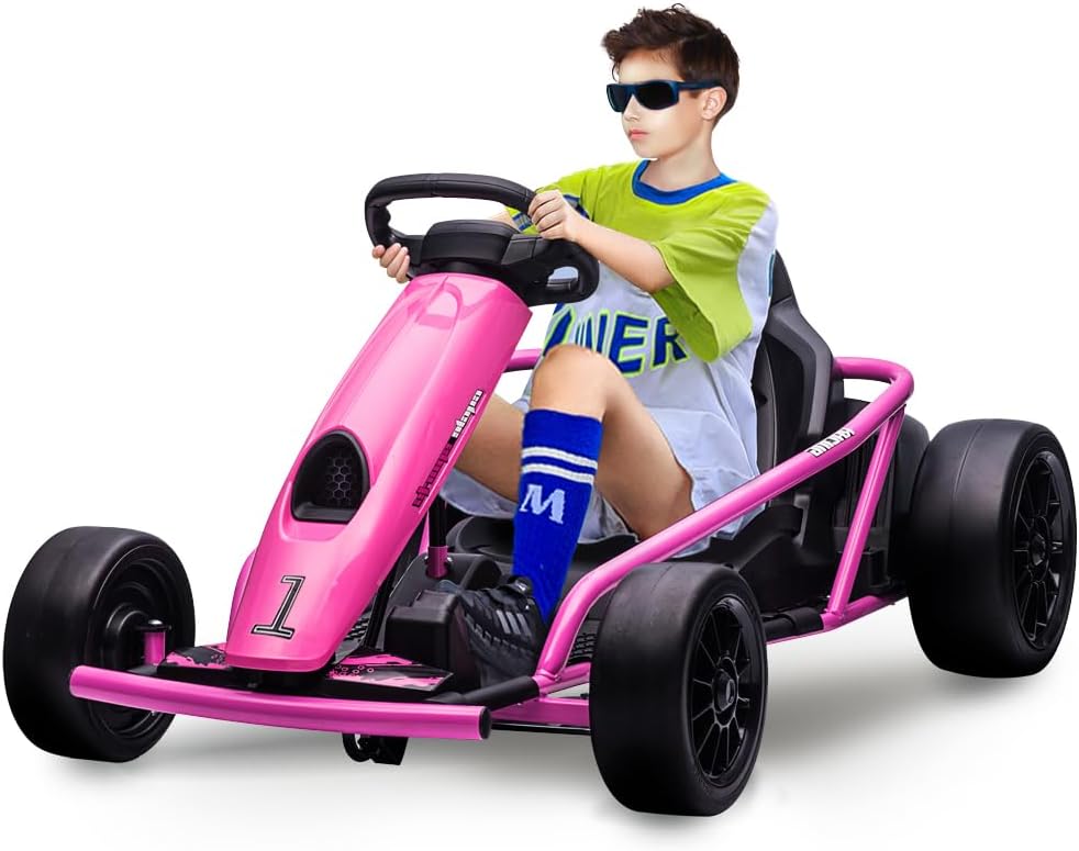 Electric Drift Go Kart for Kids 8-12, 24v Ride on Toy Car with Dual 300w Motors, 8MPH High Speed, Music, Slow Start & Seatbelt, Outdoor Racing Drift K