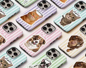 Personalized Pet Portrait From Photo Phone Case: Pastel Striped Phone Case With Dog Cat Photo, Dog Mom Birthday Gift, Pet Lover Gift