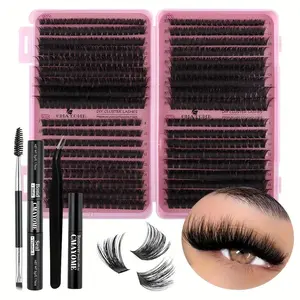 DIY False Eyelash Extension Kit, 80D+100D+120D+150D Mixed Volume Lashes, 8mm-16mm, Dual Head Glue, Brush, Tweezers, Makeup Set