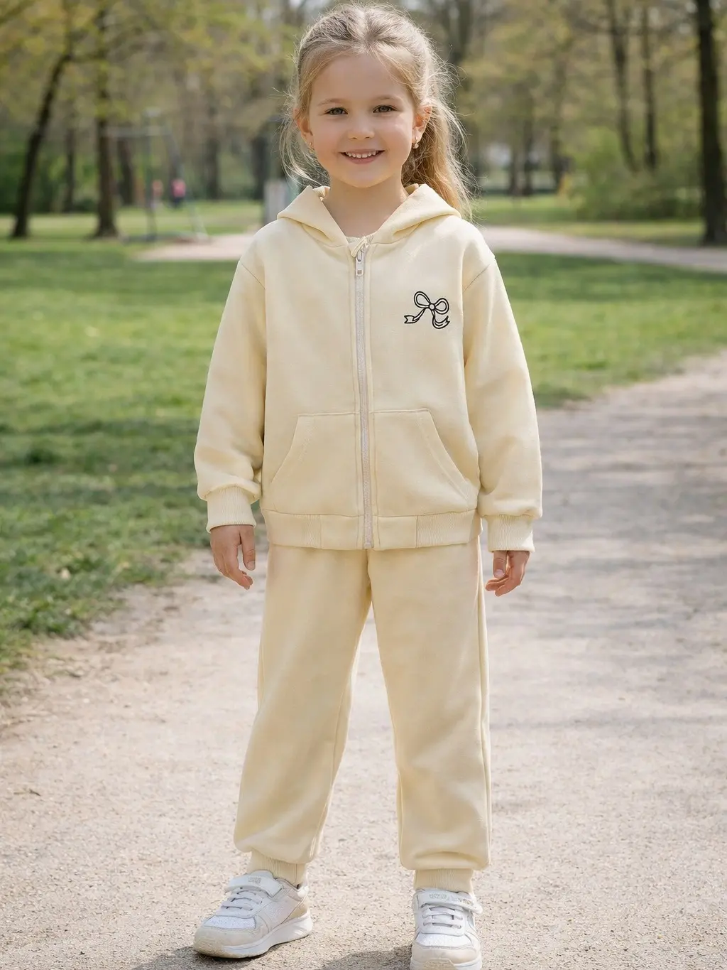 Girls' Yellow 2-Piece Cotton Tracksuit Set (4-7Y) - TikTok Trending Hoodies, Athletic Casual Fashion Set, Soft Zip Hoodie & Joggers for Active Toddlers, Ideal for Beach Vacations & Playtime