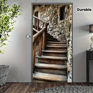 1PC,2D Flat Door Banner Vintage Stone Wall Wooden Stairs Door Banner, Festival Door Decoration Backdrop, Create Warm Nostalgic Atmosphere, Decorative Door Curtain, Creative Home Festival Decoration,