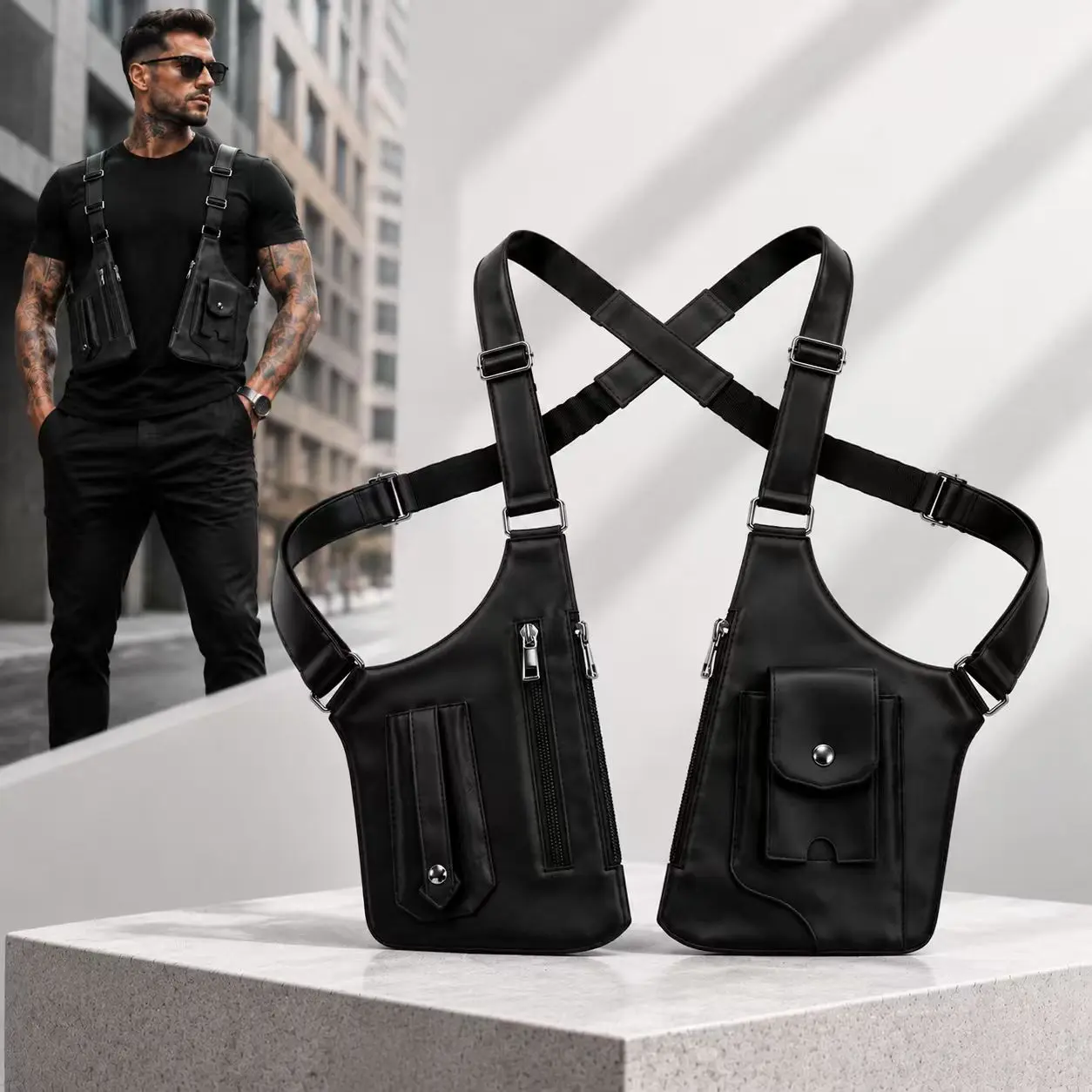 Tactical Lightweight Vest for Men, Vintage PU Leather Chest Rig with Holsters & Pockets for EDC. Adjustable, High-Capacity, Side Pouch Access. Great for Hiking, Cycling, Outdoor. Lightweight Zip. Back-to-School Gift for College Commuting!