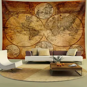 1pc 2D Flat Extra Large Vintage World Map Wall Tapestry - Antique Brown & Golden World Map with World Countries - Large Wall Hanging Decor for Living Room, Bedroom, Office, Dorm - No Install White