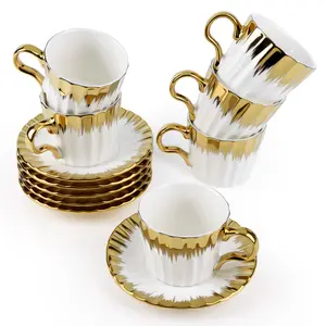 [SMALL SIZE] 3.2oz Ceramic Turkish Coffee Cup Set of 6, British Italian Cappuccino Cups Porcelain Espresso Cups and Saucers with Gold Trim for Double Espresso Cappuccino Latte Mocha Tea