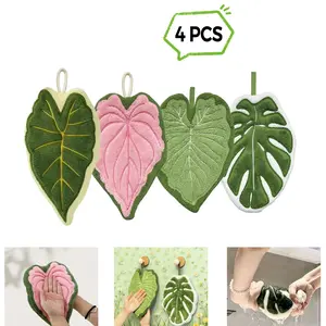 4-Pack Leaf-Shaped Hanging Kitchen Towels, Cute Coral Fleece Tropical Plant Hand Towel, Kitchen Linens, Highly Absorbent, Quick Dry, No Shedding, Versatile Use, Bathroom/kitchen/living Room