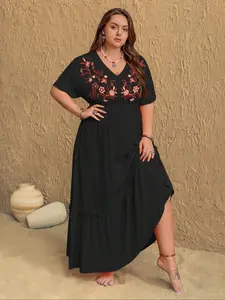 【Plus Size】 Floral Embroidery V Neck Maxi Dress, Boho Fashion Casual Ruffle Trim Dress for Daily Holiday Vacation Wear, Women Clothing for Summer, Womenswear, Casual Boho Bohemian