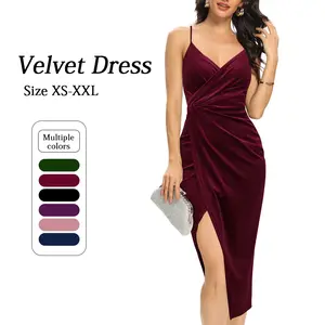 Women's Spaghetti Strap Wrap V Neck Ruched Slit Velvet Midi Dress,Adjustable & Comfortable Formal Party Guest Wear,Birthday Dress