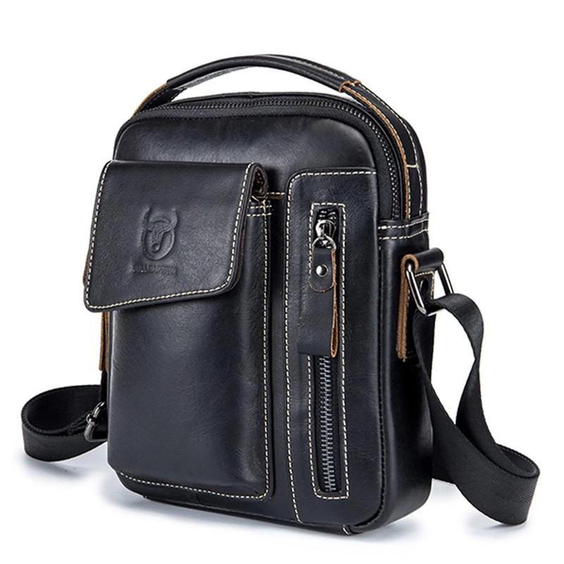FR Fashion Co. Men's Genuine Leather Crossbody Bag - Classic Black, Adjustable Non-Slip Strap, Lightweight, Zipper Closure, Travel & Everyday Use, 100% Genuine Leather, 8.66" L x 7.08" H x 1.97" W